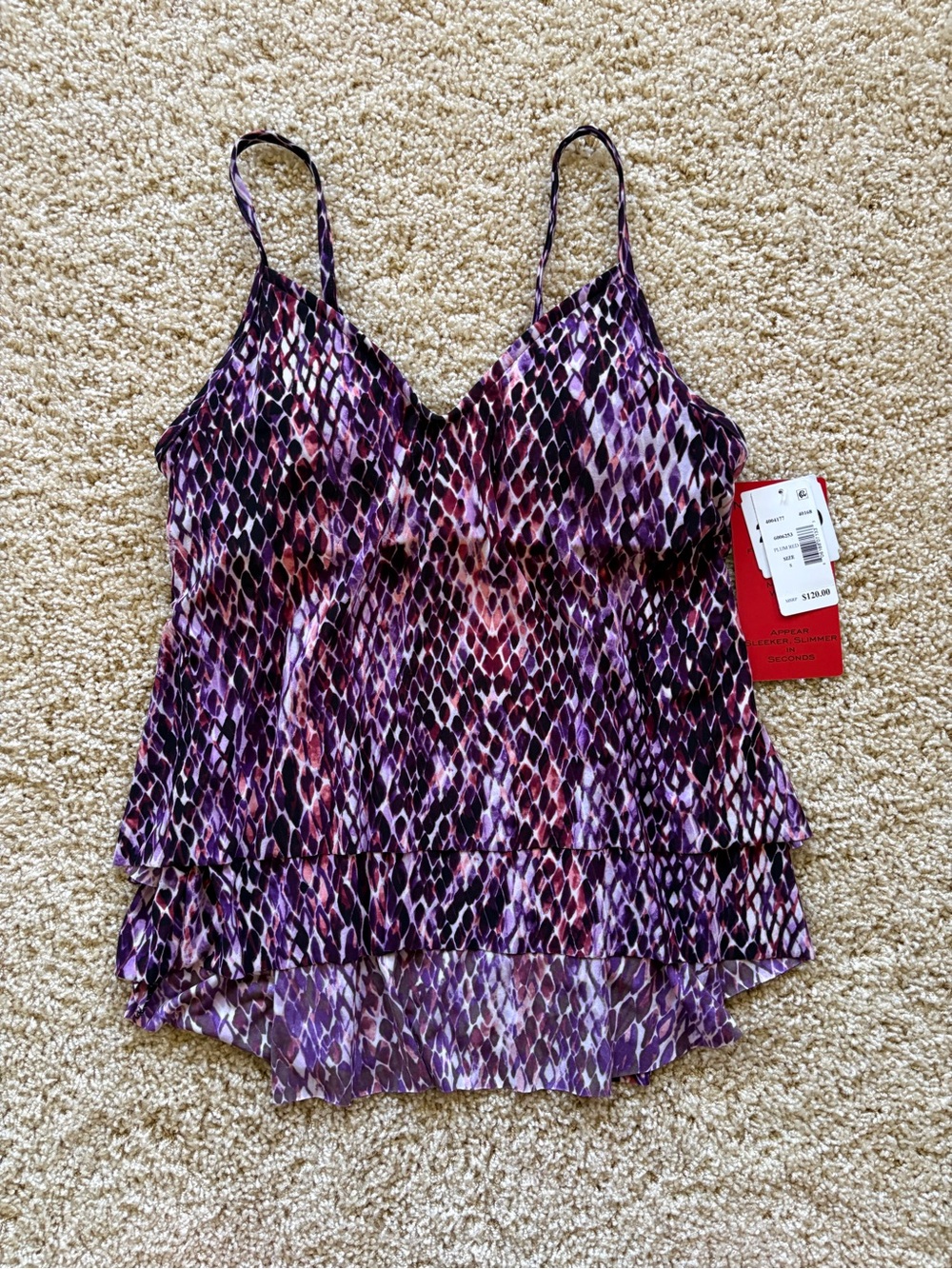 Magicsuit Miraclesuit Razzle Dazzle Tiered Tankini Top Plum Red Geometric Size 8
